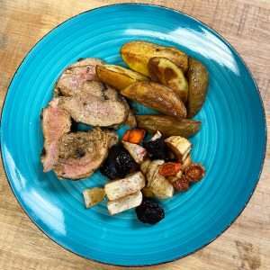 bourbon pork roasted potatoes root vegetables